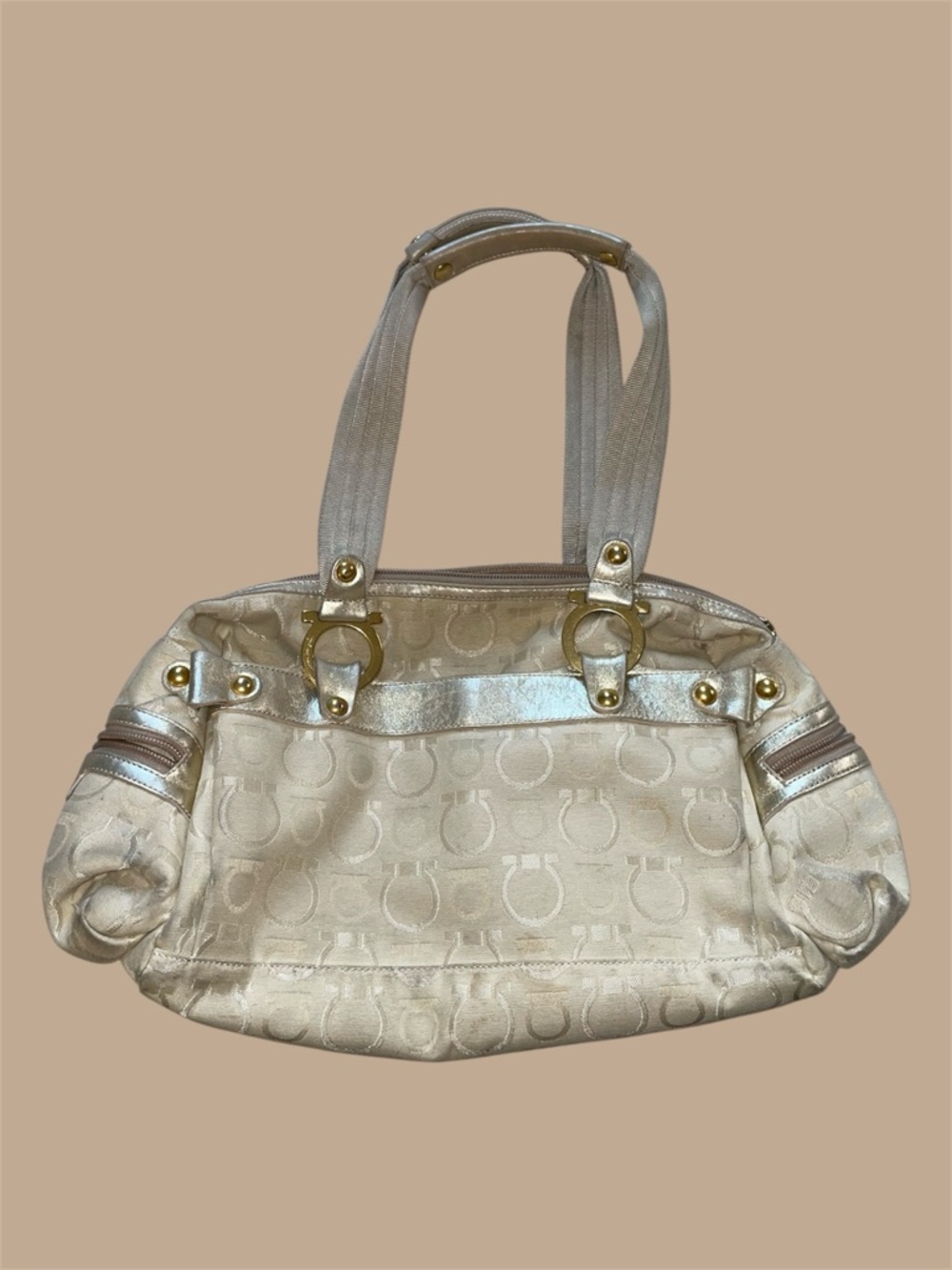 Salvatore Ferragamo Beige‎ Handbag with Gold Logo Hardware